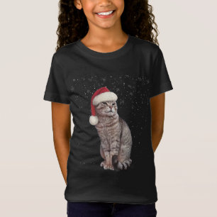 T-Shirt Fantaisie Chat Noël Portant Un Casquette De Noël