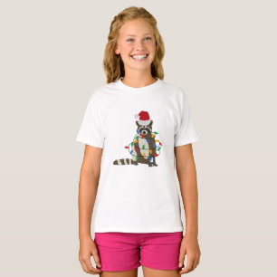 T-shirt Fantaisie Noël Raccoon Santa Hat Noël Lumières