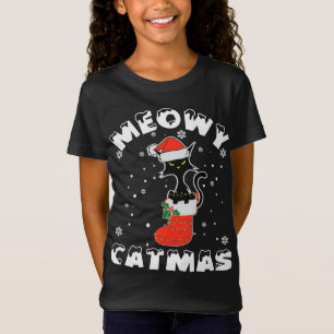 T-Shirt Fantaisie Noire Chat lumières de Noël Joyeux Meowy