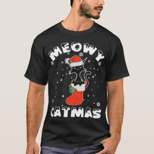 T-shirt Fantaisie Noire Chat lumières de Noël Joyeux Meowy