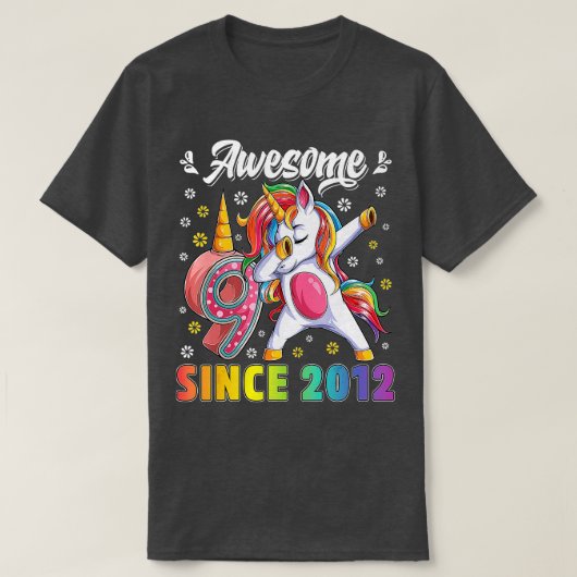 T-shirt fantastique dabbing unicorn anniversaire 9 ans fil (Design devant)