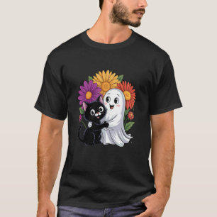 T-shirt Fantôme adorable et chat aux fleurs