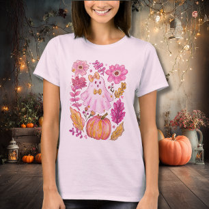 T-shirt Fantôme de Halloween rose pastel avec fleurs et ci
