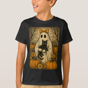 T-shirt Fantôme de Halloween vintage tenant un chaton noir
