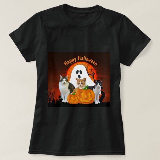 T-shirt Fantôme d'Halloween éffrayant et chats dans le cim (Design devant)