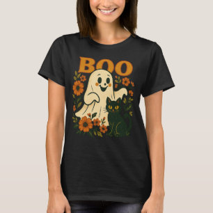 T-shirt Fantôme d'Halloween rétro et chat noir Vintage B