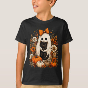 T-shirt Fantôme d'Halloween tenant un chat noir Fleur de c
