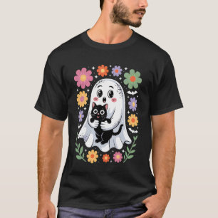 T-shirt Fantôme effrayant tenant un chat noir floral groov