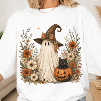 T-shirt Fantôme et chat citrouille | Fantôme fantaisiste d