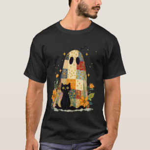 T-shirt Fantôme et chat de Halloween en patchwork Rétro Fl