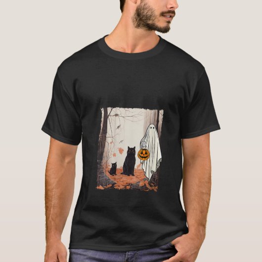 T-shirt Fantôme Et Chats En Forêt Automne Automne Hallowee (Devant)