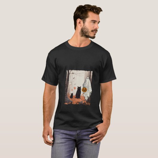 T-shirt Fantôme Et Chats En Forêt Automne Automne Hallowee (Devant entier)