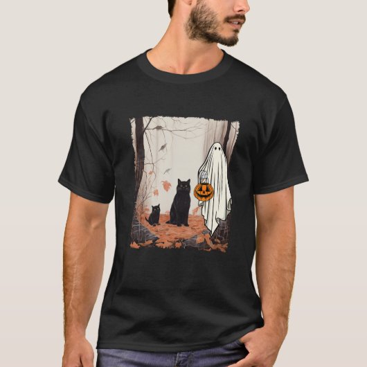 T-shirt Fantôme Et Chats En Forêt Automne Automne Hallowee (Devant)