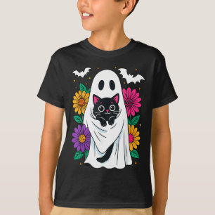 T-shirt Fantôme floral effrayant tenant un chat noir Hallo