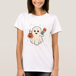 T-shirt Fantôme mignon avec Fleur et Halloween Citrouille