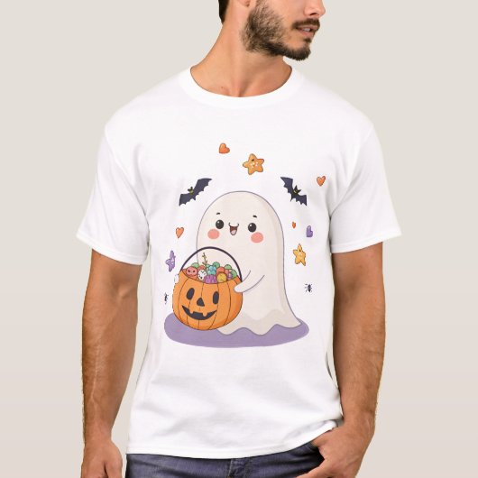T-shirt Fantôme mignon avec seau à bonbons à bonbons à la  (Devant)