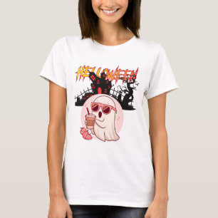 T-shirt Fantôme Mignon et Effrayant Buvant un Café Glacé H