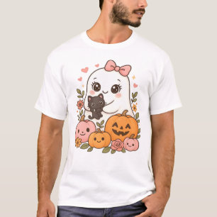 T-shirt Fantôme Mignon Halloween Chat Noir Citrouille Auto