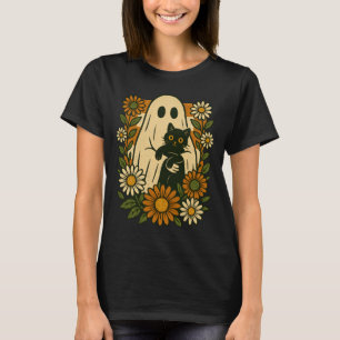 T-shirt Fantôme mignon tenant un chat noir floral groovy d