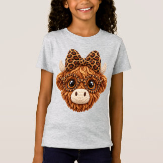 T-Shirt Faux Crochet Yarn Highland Cow Léopard Coquette