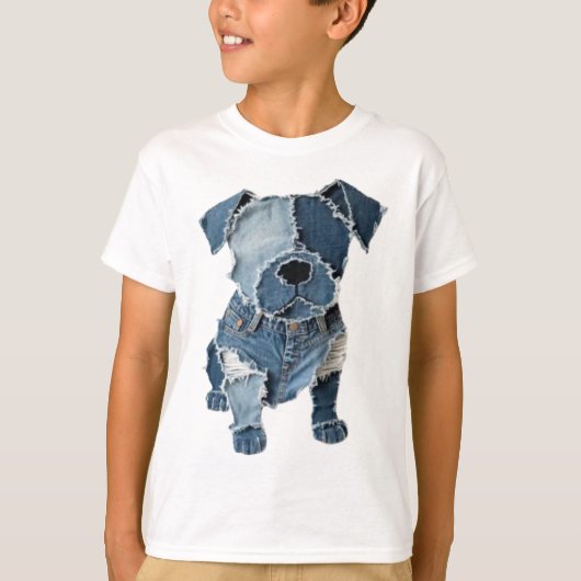 T-shirt Faux Denim Patchwork Chien (Devant)