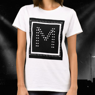 T-shirt Faux Rhinestone Rocher Rétro Monogramme Noir Blanc