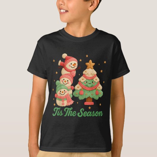 T-shirt Faux Yarn Crochet Snowman And Christmas Tree  (Devant)