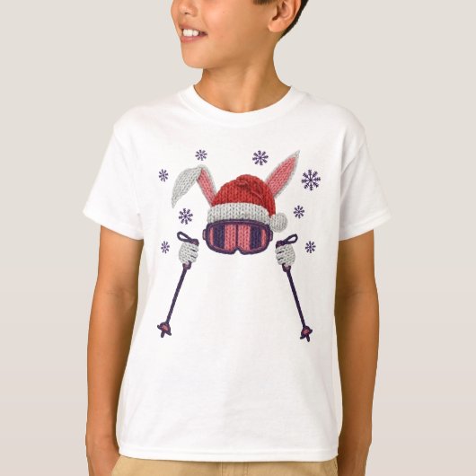T-shirt Faux yarn skiing rabbit with Santa hat winter humo (Devant)