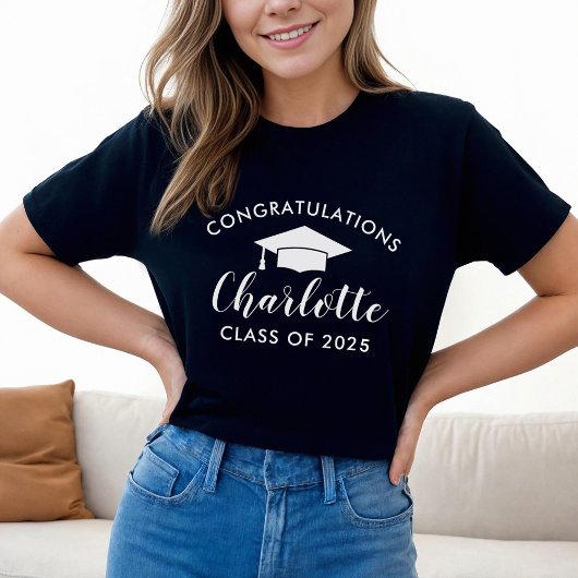 T-shirt Félicitations White Script Name Graduation