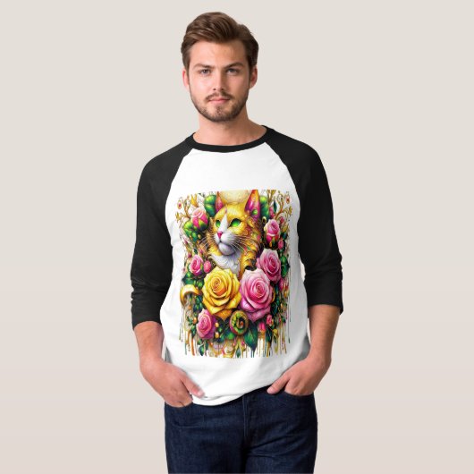 T-shirt Feline au milieu d'une floraison vibrante (Devant entier)