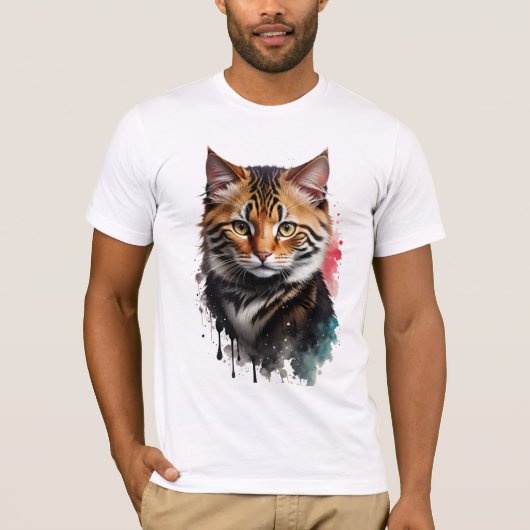 T-shirt Feline Beige Tiger rayé Chat Aquarelle (Devant)