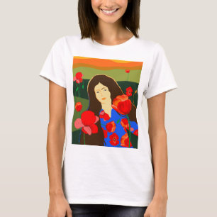 T-shirt Femme aux cheveux longs marchant dans le champ de