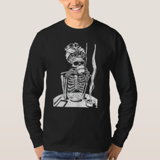 T-shirt Femme Chignon Désordonné Squelette Buvant du Café