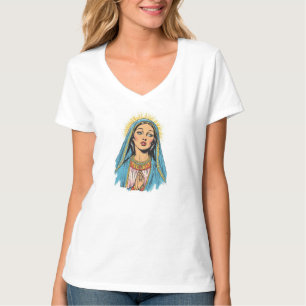 T-shirt femme col V Vierge Marie de style rétro