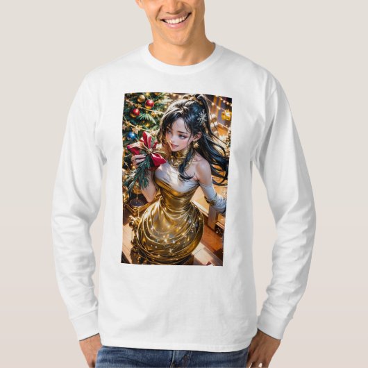 T-shirt femme en robe d'or tenant une rose rouge devant (Devant)