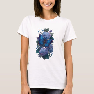 T-Shirt Femme Fleur Hydrangea Papillon Bleu
