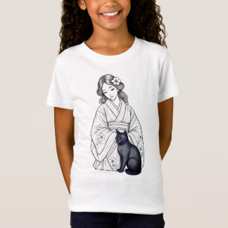 T-Shirt Femme japonaise avec chat noir