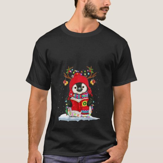 T-shirt Femme Penguin Reindeer Santa Chapeau Noël Lumières (Devant)