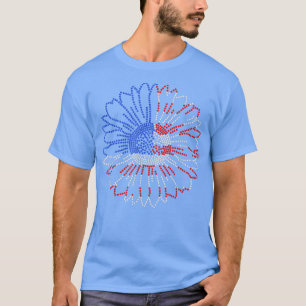 T-shirt Femme Rouge Blanc Bleu Tournesol Bling Rhinestone