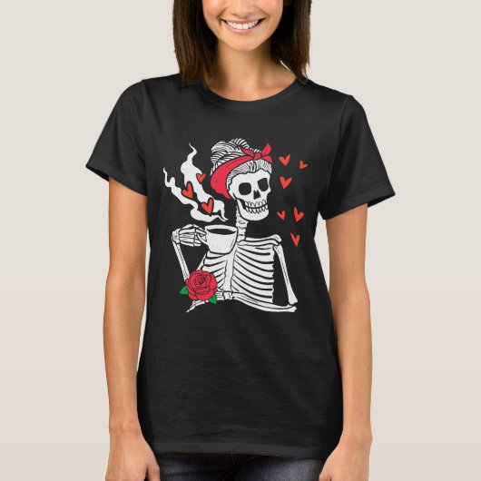 T-shirt Femme Squelette Boire Café Drôle Squelette Squelet (Devant)