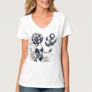 T-shirt Femme tenant une bande de ballons ligne Silhouette