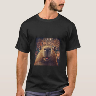 T-shirt Femmes Drôle Capybara Selfie Avec Fireworks V Cou
