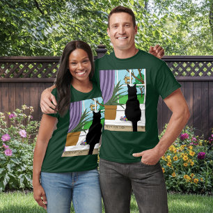 T-shirt Fenêtre Chat noir regardant dehors