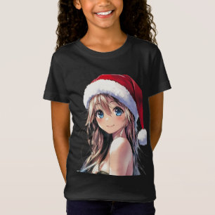 T-Shirt Festive Anime Girl Santa Hat avec yeux bleu clair
