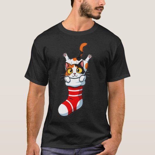 T-shirt Festive Calico Kitty Peeking from Stocking (Devant)
