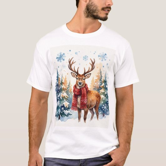 T-shirt Festive Deer in Snowy Forest (Devant)