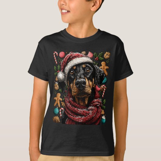 T-shirt Festive Doberman With Santa Hat Snowy Winter Chris (Devant)