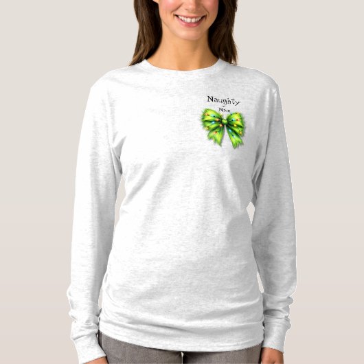 T-shirt Festive Green Furry Bow-Lights Naughty ou Nice (Devant)