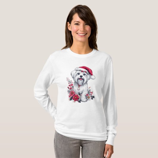 T-shirt Fête de fleurs Chien maltais avec Santa Hat Chien  (Devant entier)