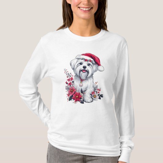 T-shirt Fête de fleurs Chien maltais avec Santa Hat Chien  (Devant)
